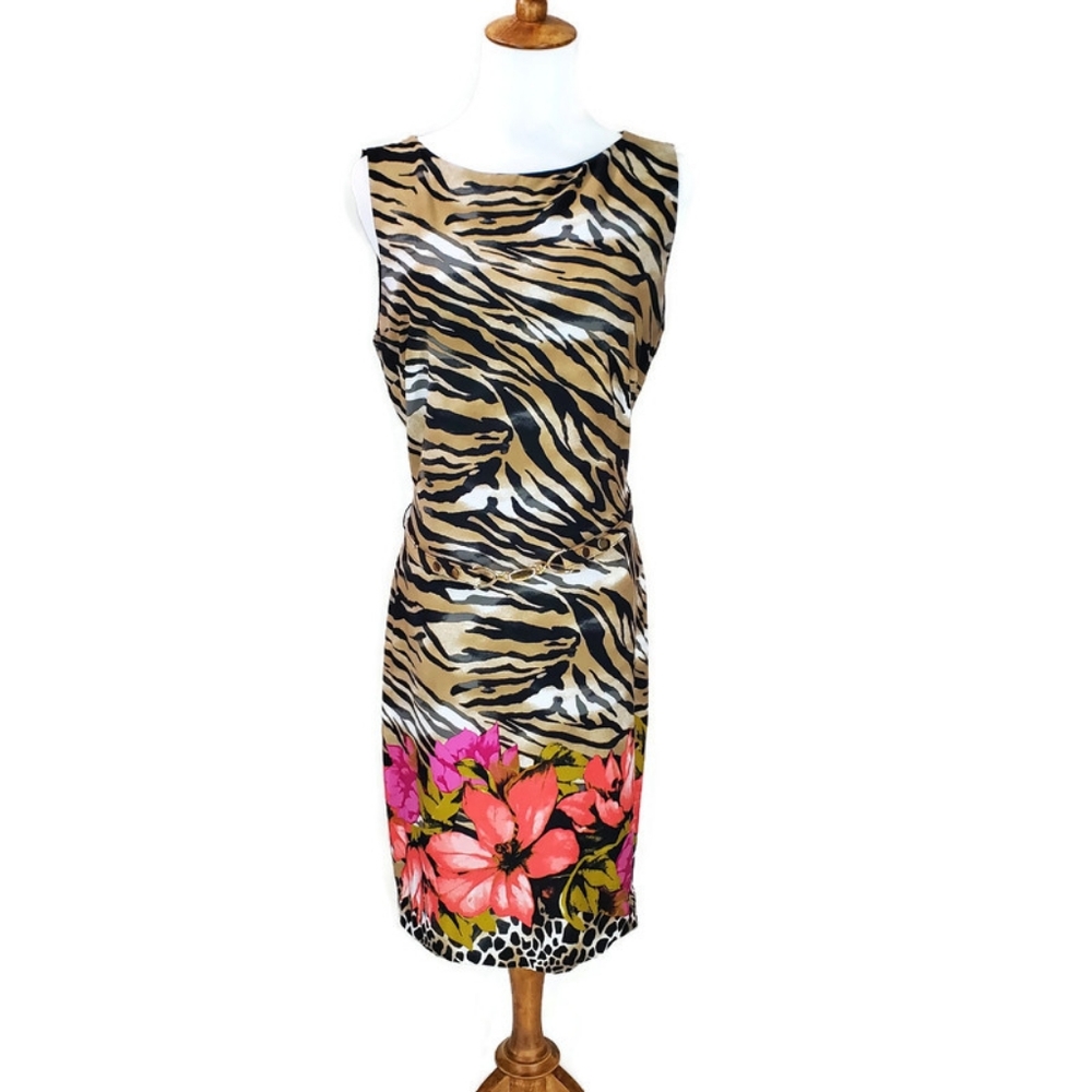 Cache Zebra Print Dress with Pink Floral Accents